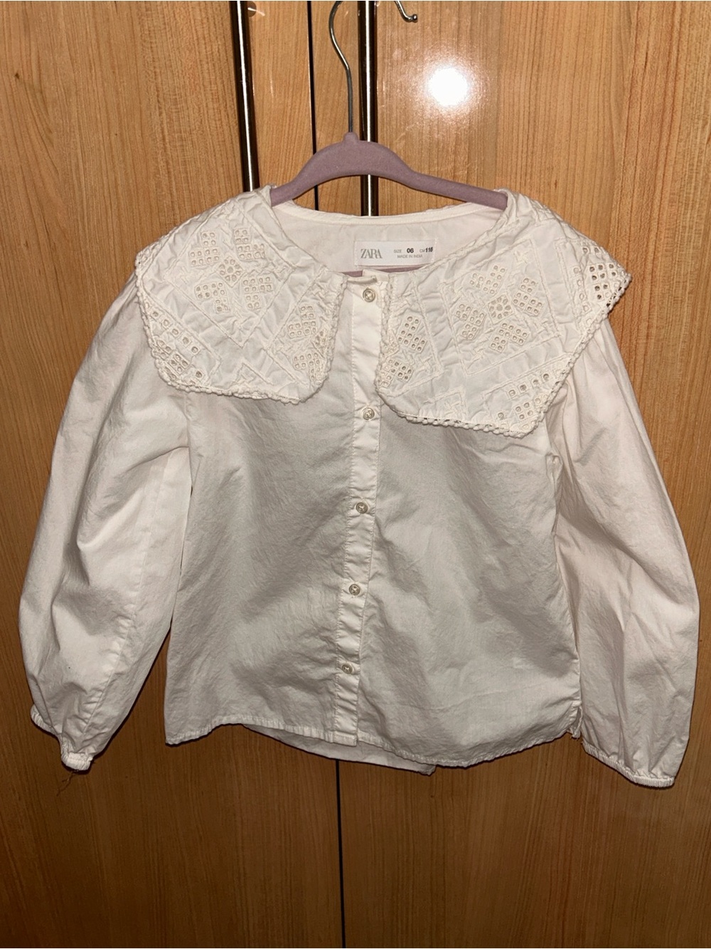 Zara White Eyelet-Collar Button-Down Blouse